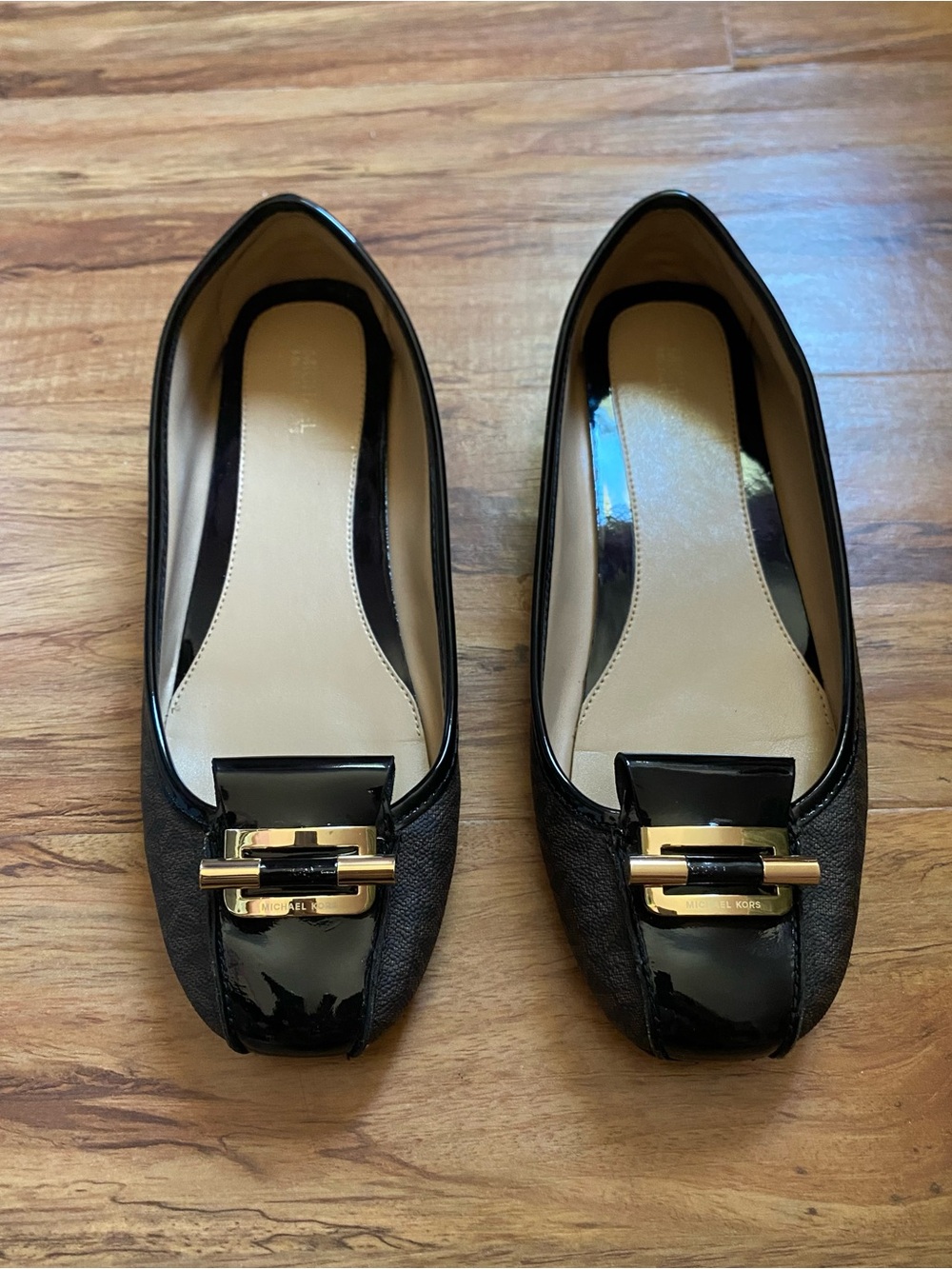 Michael Kors Black Leather & Patent Loafers with Gold Buckle